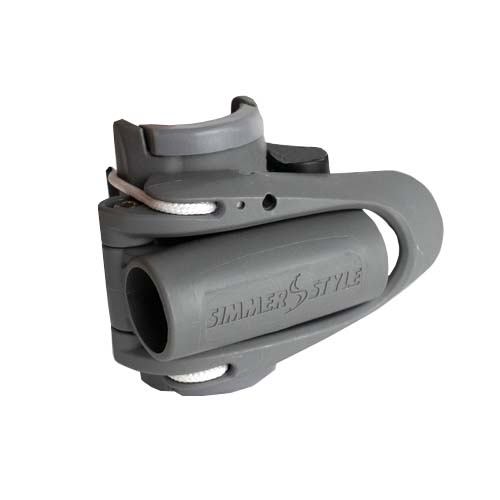 Gray plastic strap buckle/fastener with a curved lever, used to tighten and secure a strap.