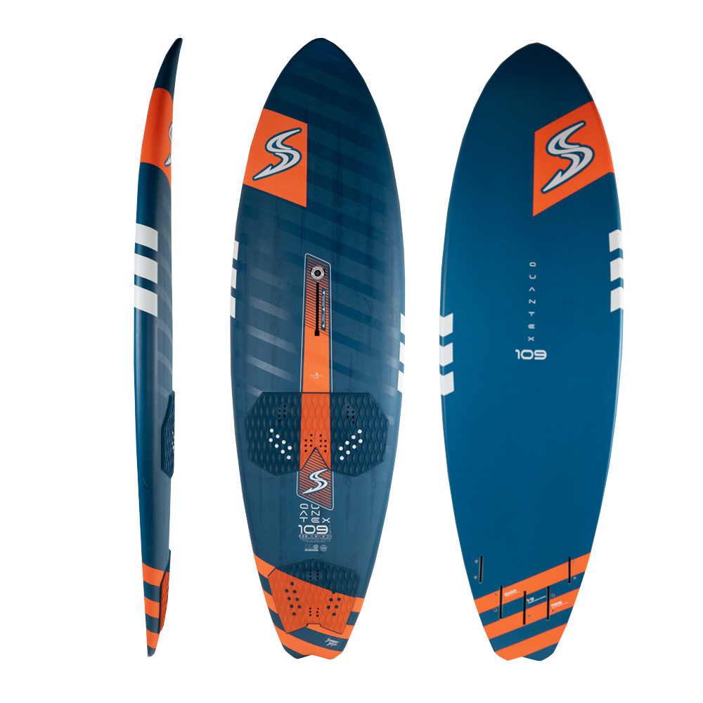 Blue windsurf board with orange accents shown from three angles (side, rear, and front). Features orange logos, striped patterns, and foot pad area for grip.