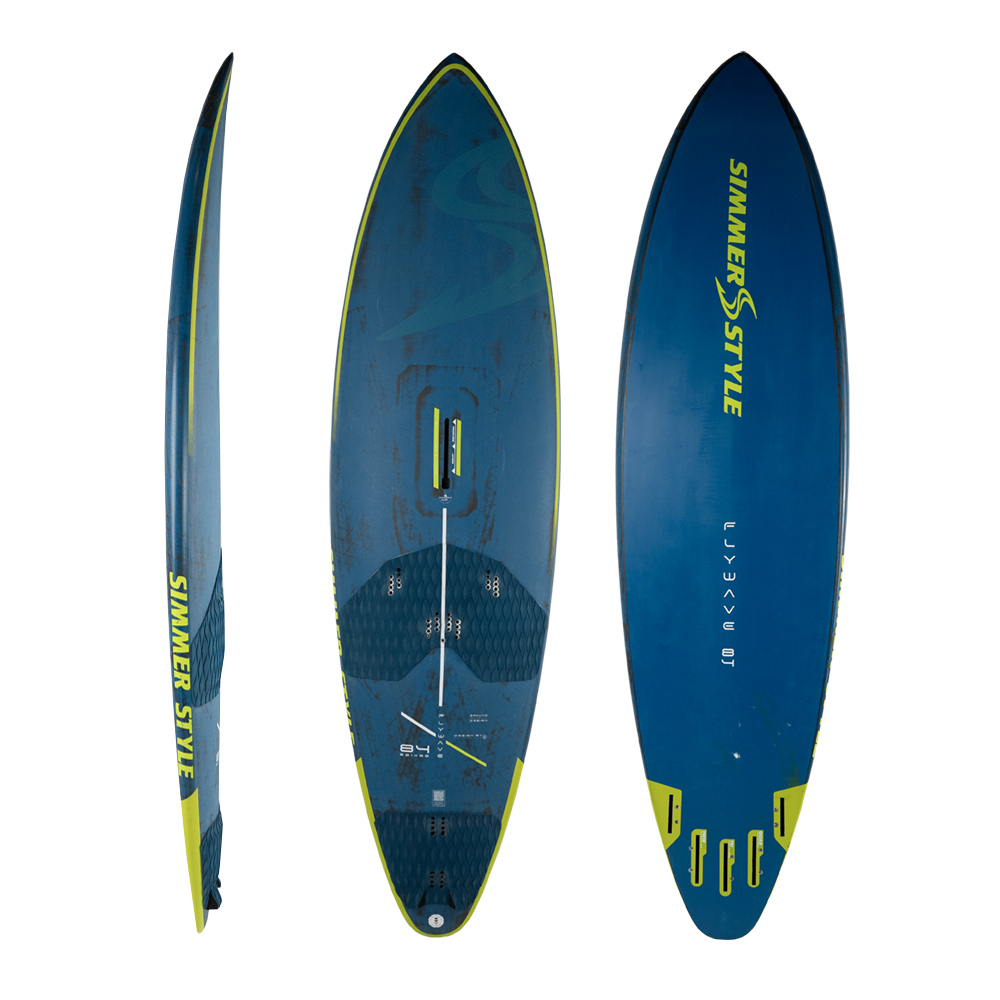 Three-view image of a blue Simmer Style windsurf board with lime-green edges, shown from the side, top, and bottom.