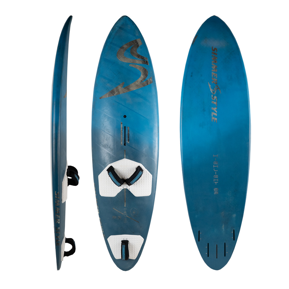 Blue windsurf board with white foot straps viewed from the top, side, and bottom; shows bindings and fin areas.