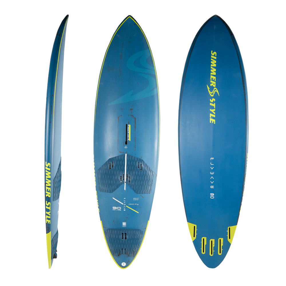 Blue stand-up paddleboard (SUP) shown from side, underside, and top with yellow trim and deck pads visible. Three-view product image.