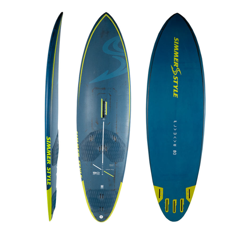 Three-view image of a blue windsurf board with neon yellow trim, shown from side, deck, and bottom (brand SIMMER STYLE).