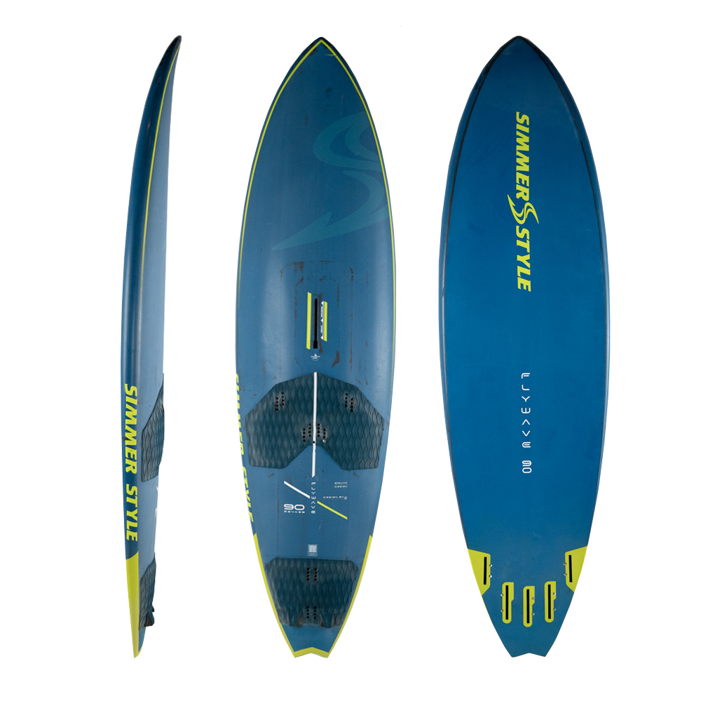 Blue windsurfing board shown from three angles: side profile with lime-yellow trim and 'SWIMMER STYLE' along the edge, top view with foot pads and rails, and bottom view with three fins and lime-yellow accents.
