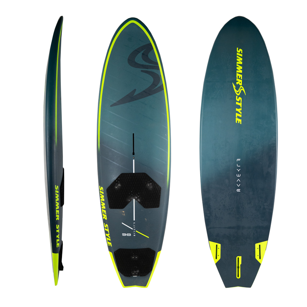 Three-view image of a blue windsurf board with neon yellow edges: side, deck, and bottom perspectives.