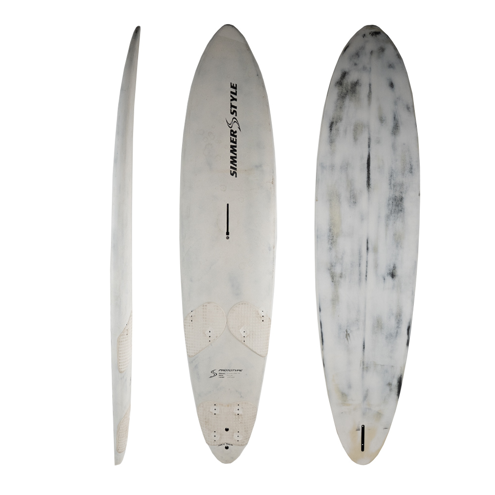 White/gray surfboard shown from three angles (top, side, bottom) with traction pads at tail and a vertical logo along the deck; worn, used look.