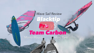 Windsurfers jumping over ocean waves on a magazine cover with bold overlay text: 'Wave Sail Review' and 'Blacktip vs Team Carbon'