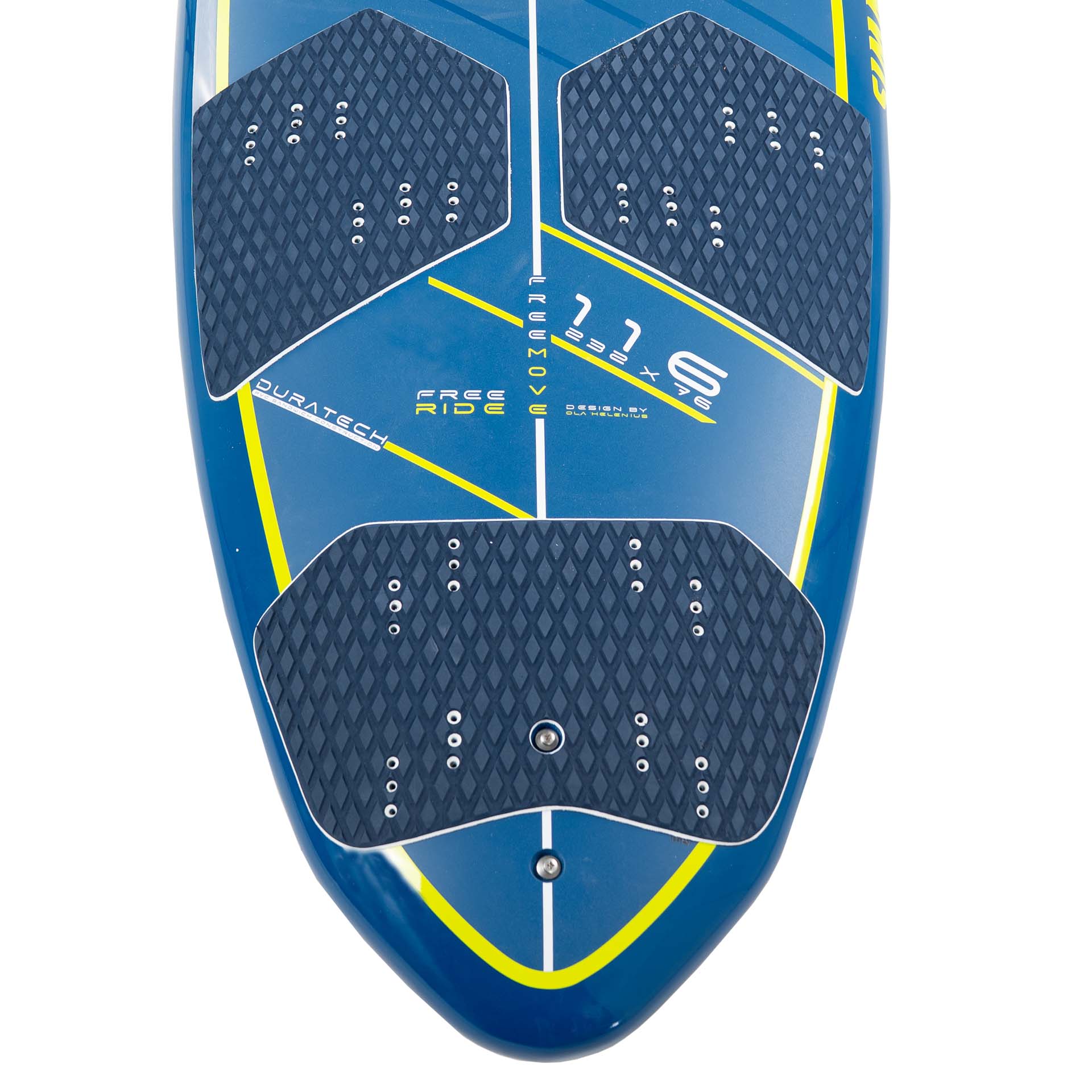 Blue wakeboard top surface with black diamond-patterned grip pads and yellow accents.