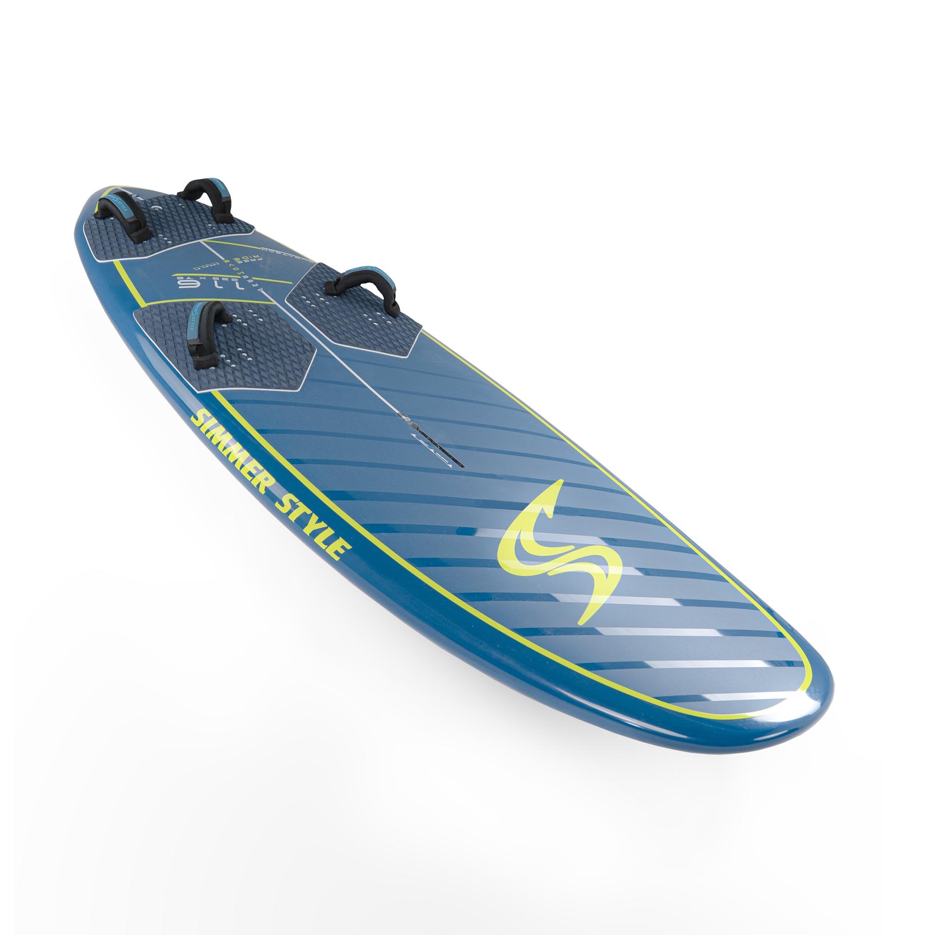 Blue stand-up paddleboard (SUP) with foot straps and traction pad, angled diagonally on a white background.