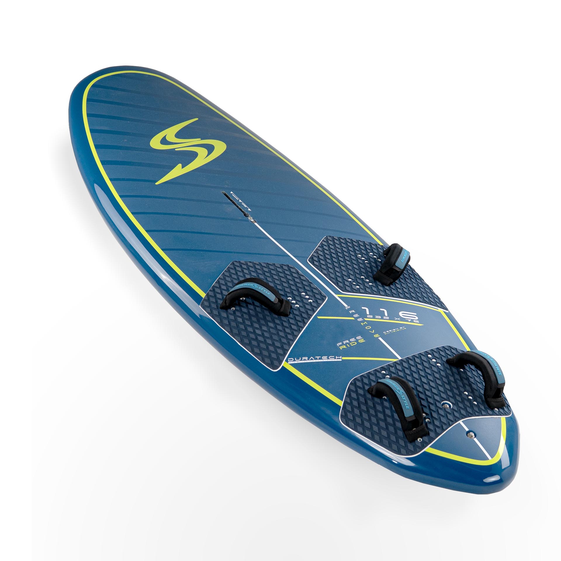 Blue stand-up paddleboard with lime trim, textured foot pads, and foot straps on a white background.