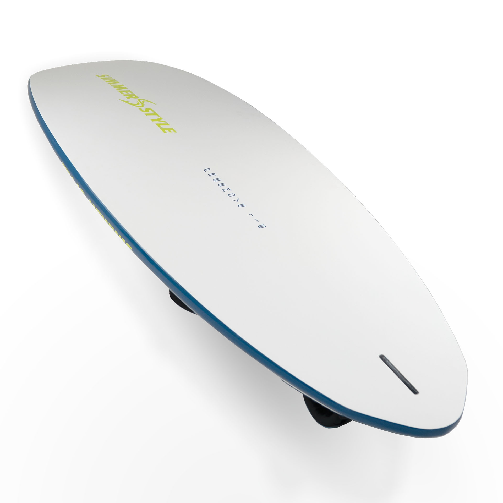 White surfboard with a blue edge, photographed at an angle, with a small fin visible at the bottom.