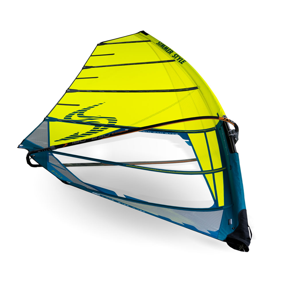 Bright yellow windsurf sail with blue lower section and clear window panels, designed for windsurfing.